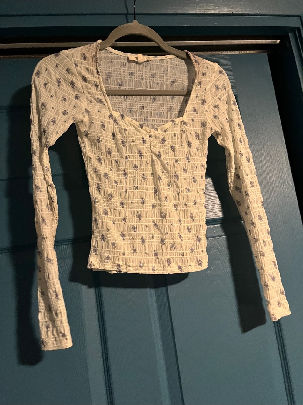 Romantic Boho Style Cream Long Sleeve Smocked Top Y2K Blue Floral Details